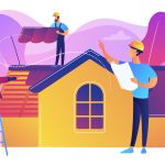 Building repair. Housetop renovation and roof reconstruction. Roofing services, roof repair support, peak roofing contractors concept.